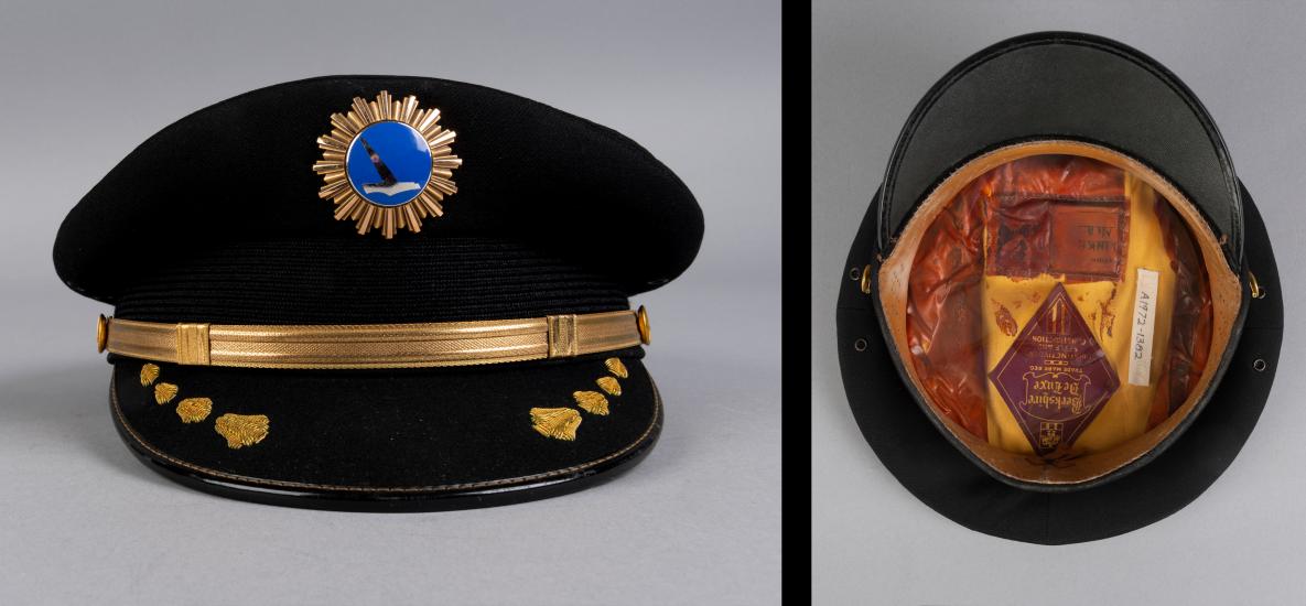 A front few of hat from an airline uniform compared side by side with a bottom view.
