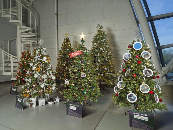 Christmas trees decorated in aviation and space themes 