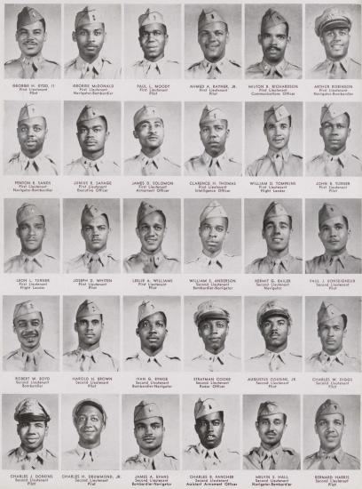 Yearbook page with 30 thumbnail size portraits (6 across, 5 down) of Black men in uniform