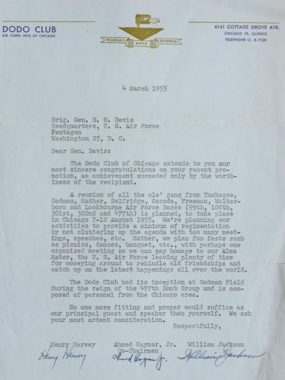 Typewritten letter on blue paper.  Letterhead across the top of the page (left: Dodo Club,  Center: Gold drawing of a dodo bird, Right: address). Three signatures in blue ink across the bottom of the page