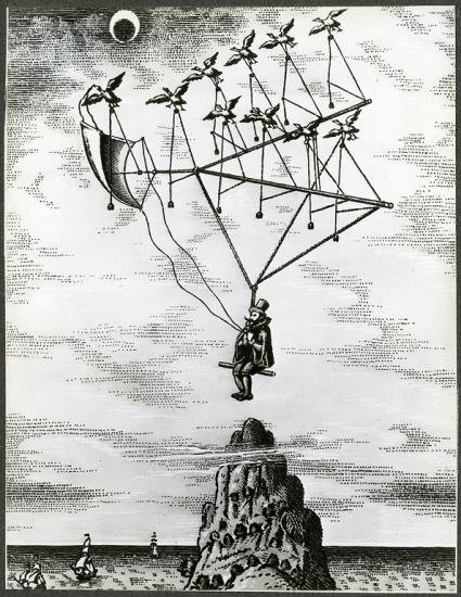 Illustration of a man sitting in a flying contraption that is carried by birds. He floats above the ocean and a large rock.