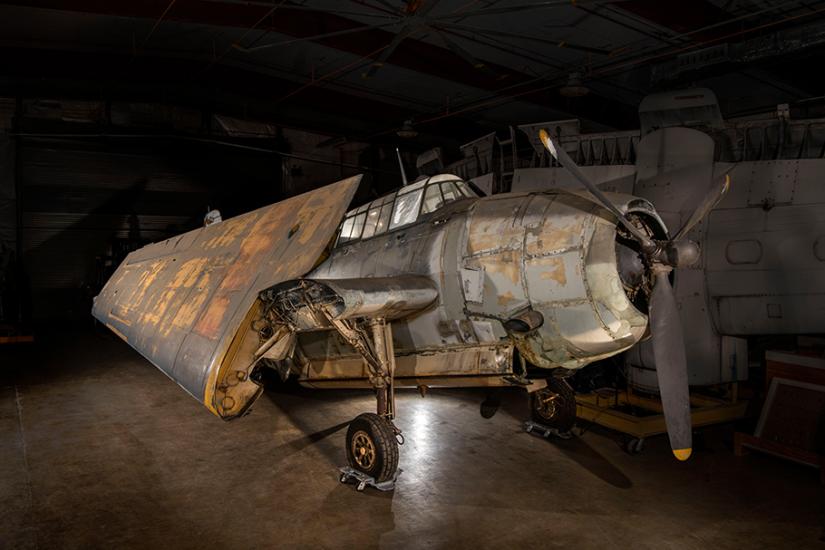 A Grumman TBF-1 Avenger World War II naval fighter aircraft with wings folded