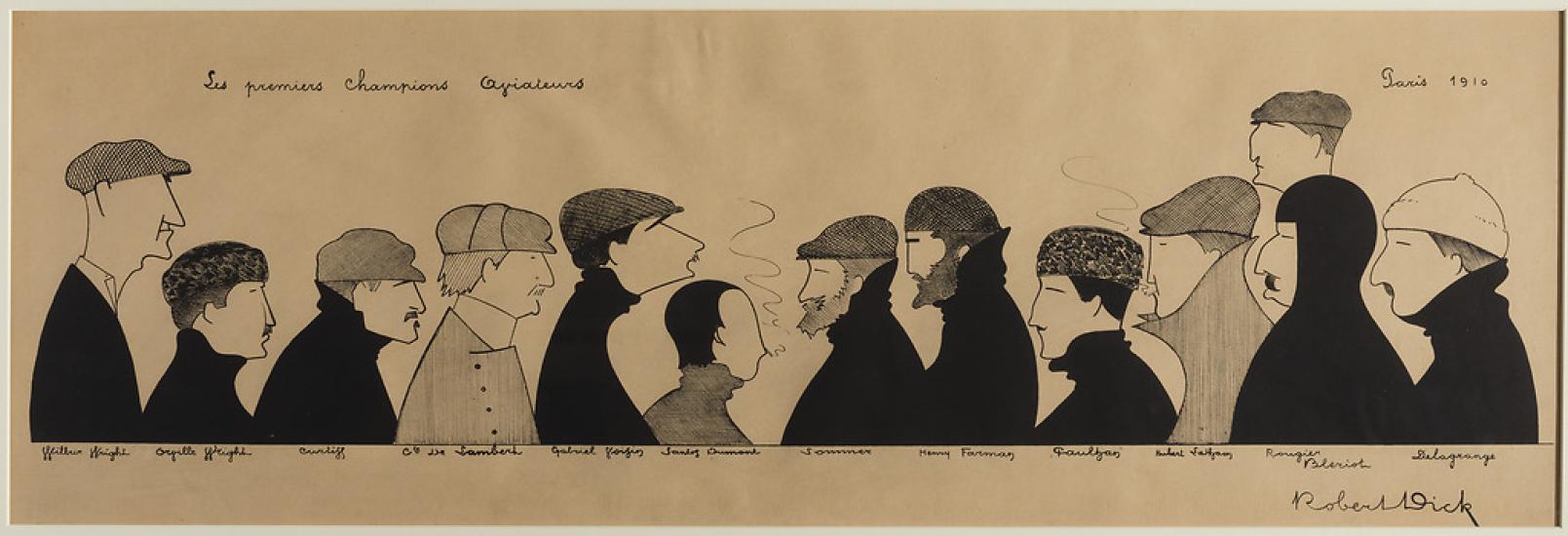 Caricature drawing of 13 people from the shoulders up. Six people on the left half all face toward the center, and seven people on the right half also face toward the center. Most wear caps and large overcoats.