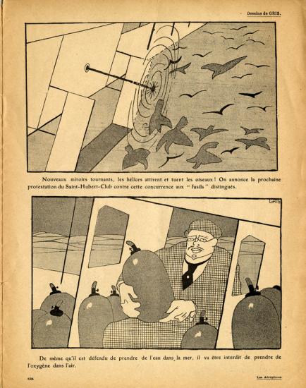 Two panels. The top one features birds flying into a propellor. The bottom one features a person in an airplane holding oxygen cannisters.