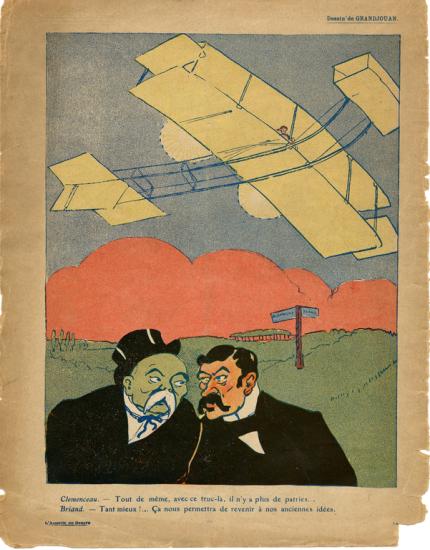 Two formally dressed men speak to each other in the foreground while a biplane flies above. In the background are signs pointing towards France and Germany. 