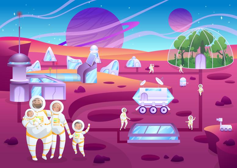 A family in spacesuits stands in the foreground of an alien planet, with rovers and biomes on it. Planets appear in the background. 