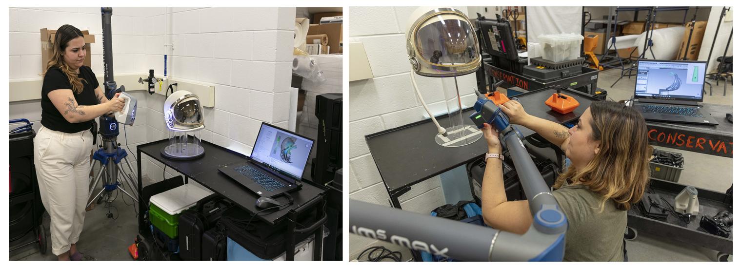 Two images side by side showing two women pointing devices at a space helmet.