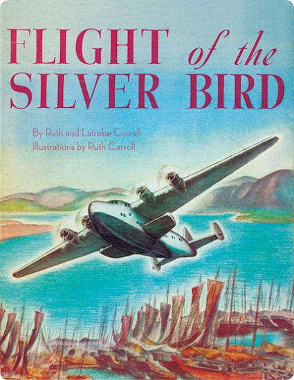 Red letters read "Flight of the Silver Bird" above a picture of a silver airplane flying above the ocean with Hawaii in the background.