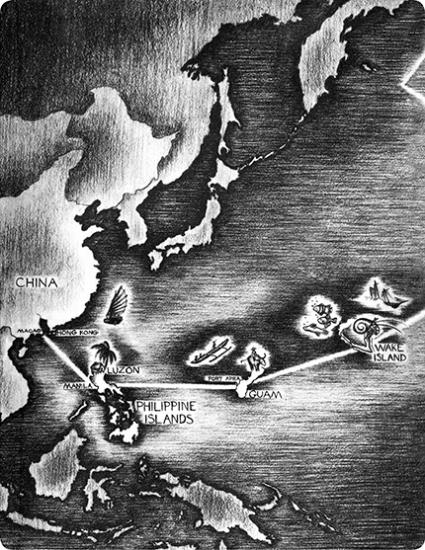 Black and white hand drawn map of flight path past Hawaii to Eastern Asia and western Pacific islands.