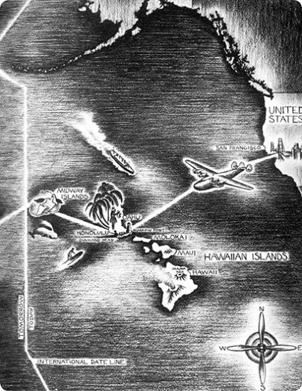 Black and white hand drawn map of flight path to Hawaii.