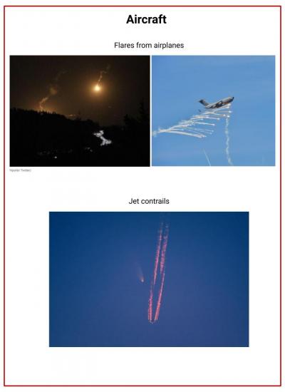 A sheet that shows examples of aircraft, including flares shot from an airplane and jet trails. 