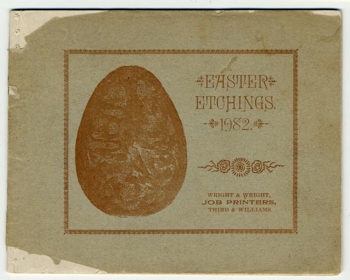 A grey-blue paper printed with the words Easter Etching 1982 next to a large pale red egg. The Wright & Wright logo is at the bottom.