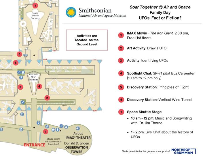 A map for the Steven F. Udvar-Hazy Center with dots indicating stations. Text on the map reads "Activities are located near the Museum Entrance and on the Ground Level."