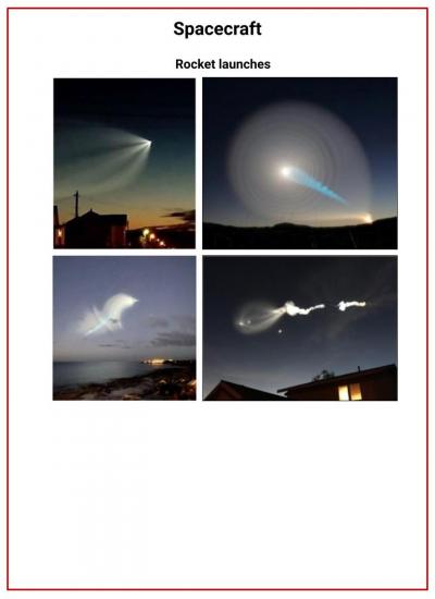 Four images of rocket launches. Two show a bright dot with a streak behind it. One shows a swirling cloud. The final image shows a bright dot and two clouds like dashes trailing it horizontally. 