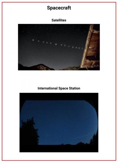 Two examples of spacecraft are shown on this sheet. One is a satellite, which is a series of bright dots progressing across the night sky. The other is an example of the International Space Station as seen from the ground. It is a light dot in the night's sky. 