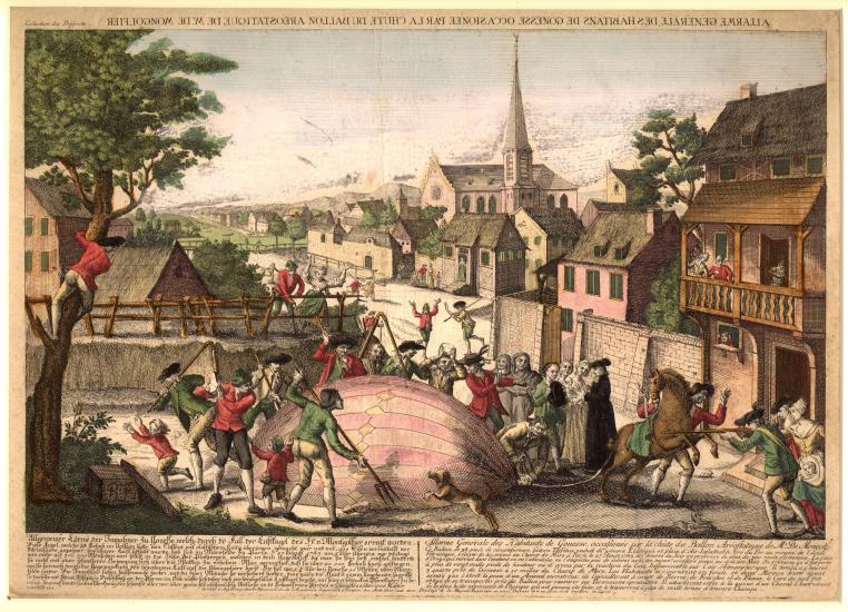 A print of villagers in three corner hats surrounding a downed hot air balloon with pitchforks and rifles. 