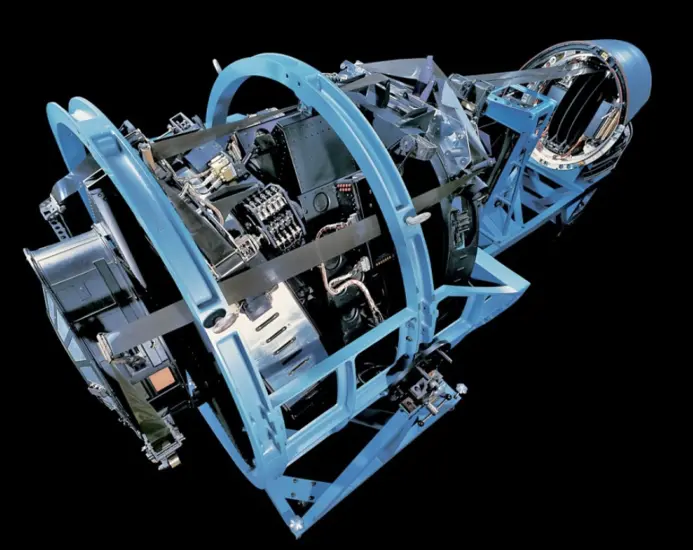 A large camera housed in a blue metal frame.