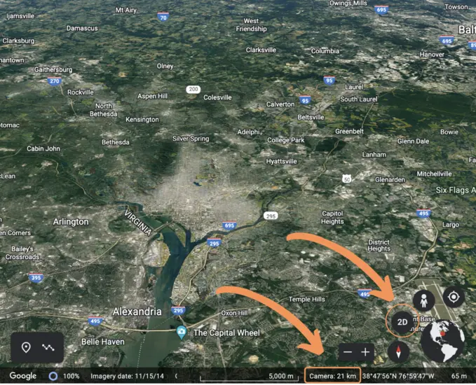 A Google Maps overhead view. Camera 21 km is emphasized in the lower right hand corner, as is 2D.