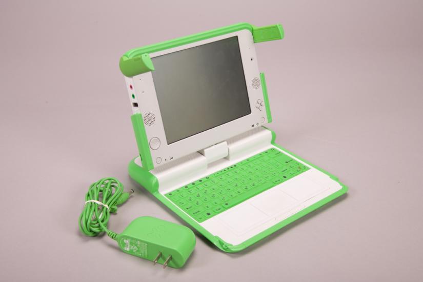 A small green and white laptop.