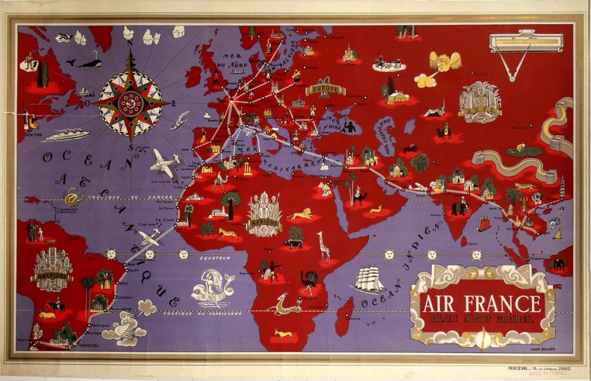 A map of the world in purple and red depicts route maps with white lines and dots. Small drawings throughout represent destinations. An elaborate compass is at upper left; partial text at lower right, "AIR FRANCE" in white serif text and "RÉSEAU AÉRIEN MONDIAL" in gold and black serif text are enclosed within a decorative rectangle. A gold border surrounds the entire poster illustration.