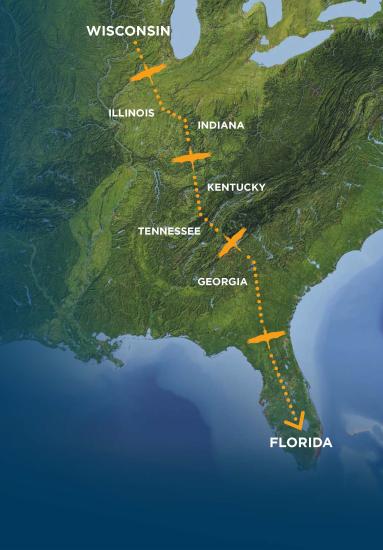 A map showing the eastern half of the United States. A migration route is drawn across the map, beginning in Wisconsin and ending at the tip of Florida.