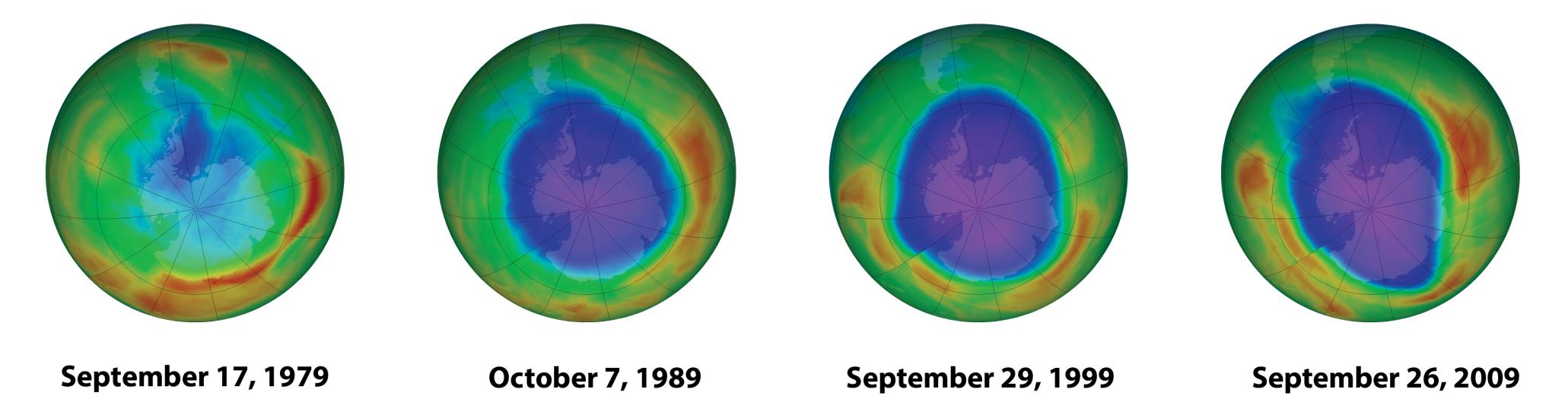 Four globes are in a row. From left to right these dates are underneath, noting the date of the Earth for each example: September 17 1979, October 7 1989, September 29 1999, and September 26 2009. Moving from left to right, a purple patch on each globe grows bigger.