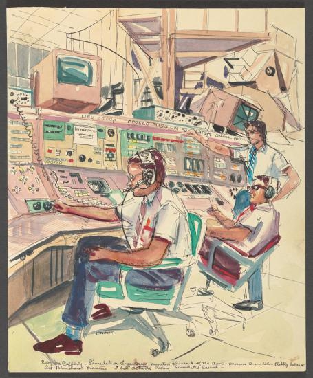 A watercolor painting depicting three people at a control board all carrying out different activities.