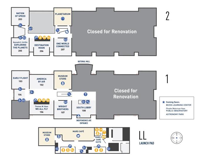 A map showing the open and closed exhibitions at the National Mall Building.