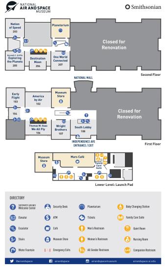 Three floors, cafe on the bottom level, east wing closed on the first and second level. 