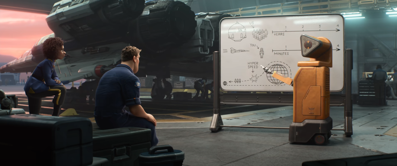 An animated still of a robot teaching two people about something on a whiteboard. 