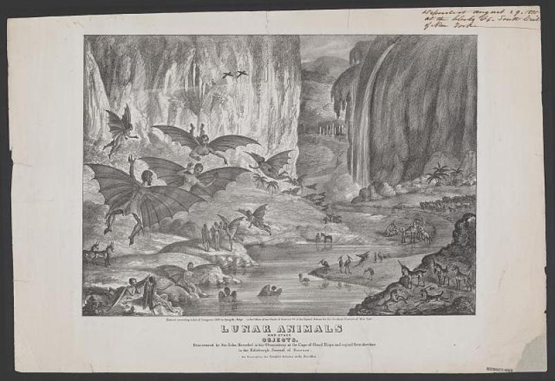 An illustration of winged human-like creatures flying through a valley with a river flowing through it.