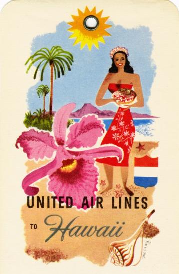 A luggage tag with an illustration of a Hawaiian woman standing on a beach and a flower. The text reads "United Air Lines to Hawaii"