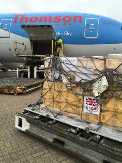 A plane with cargo being loaded into the bay. 