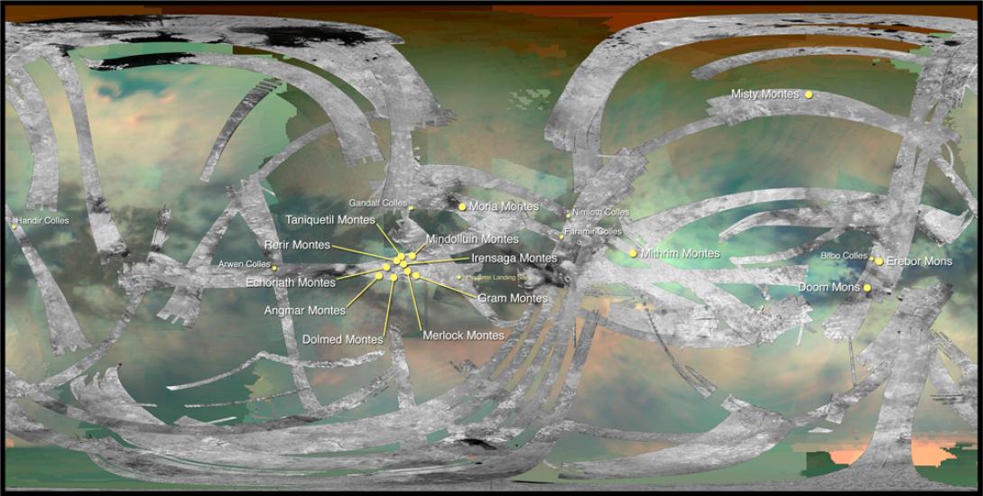 A patchy map with several yellow dots noting mountains. Most of the yellow dots are clustered toward the center of the image.