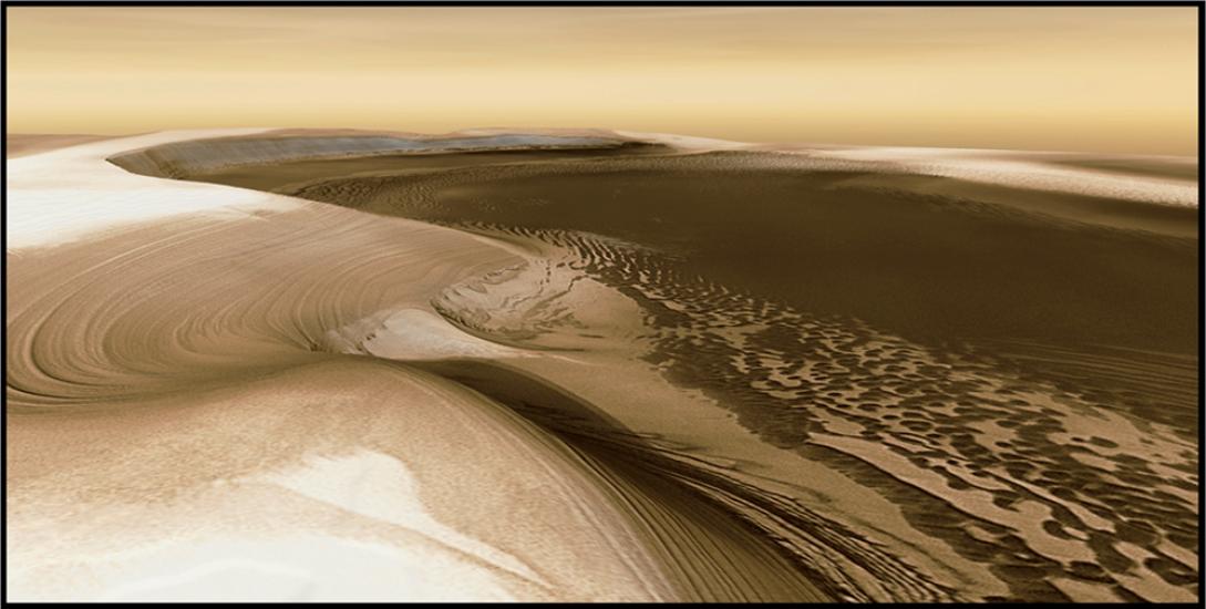 A simulated image of Mars' surface featuring dunes and a large flat valley.