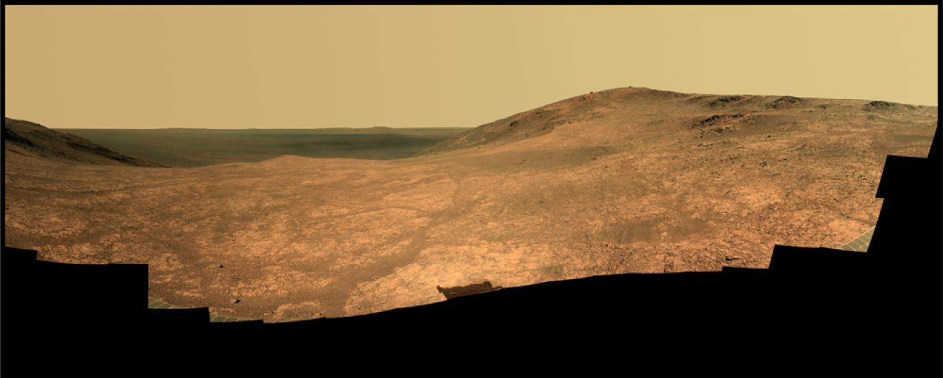 A panoramic image of a valley on Mars.