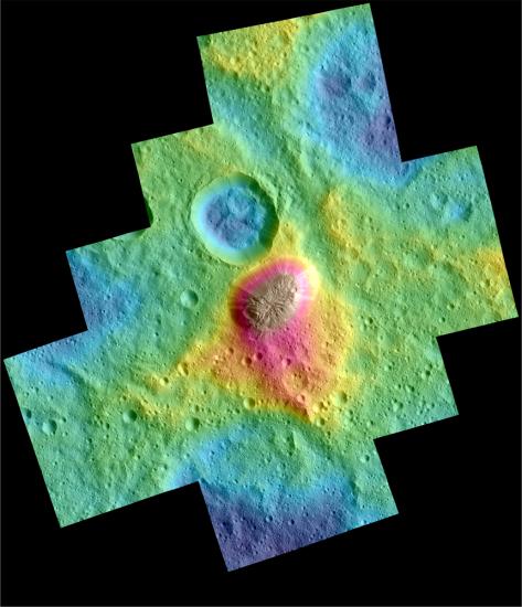 A map showing the topography of a surface. Cooler colors represent low elevation and warm colors represent areas of higher elevation. At the center of the image is a concentration of red.