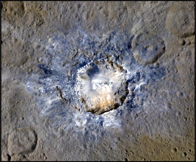 A large blue-colored crater at the center of a brown colored surface.