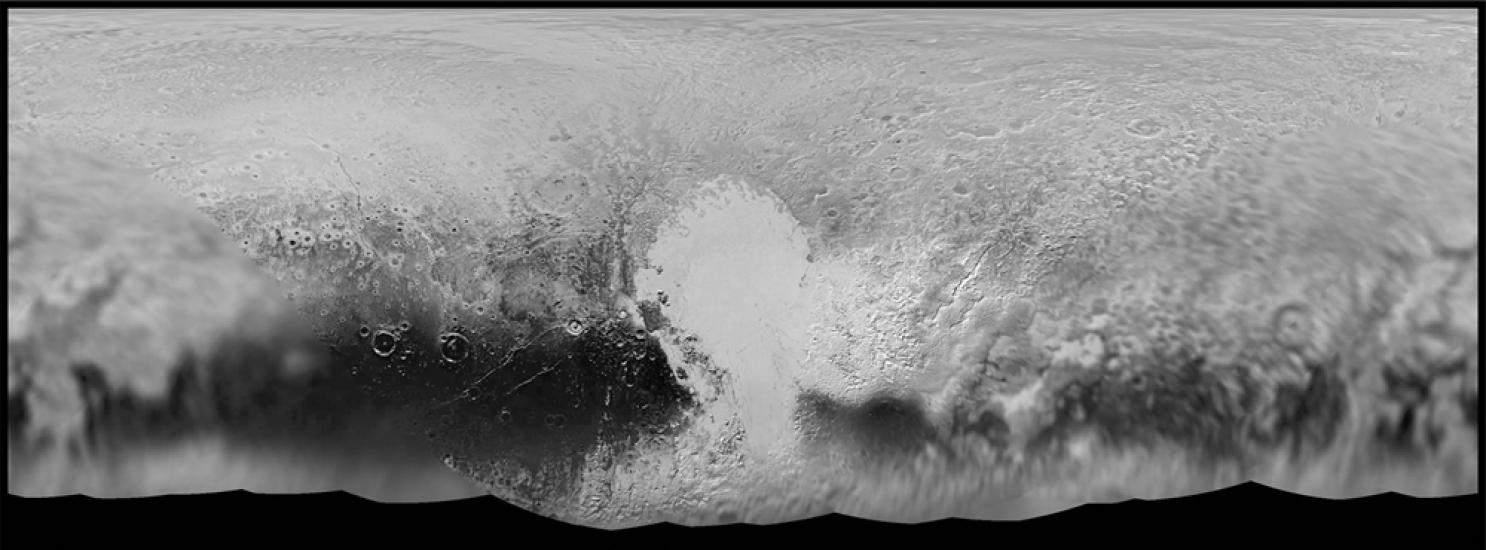 An image of the surface of a dwarf planet in flattened into a map format.