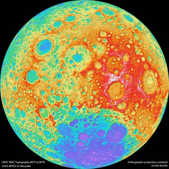 A vibrant colored map demonstrating the topography of the Moon.