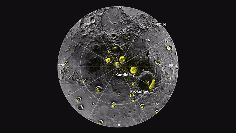 A view of mercury's north pole. Polar deposits are noted by yellow.