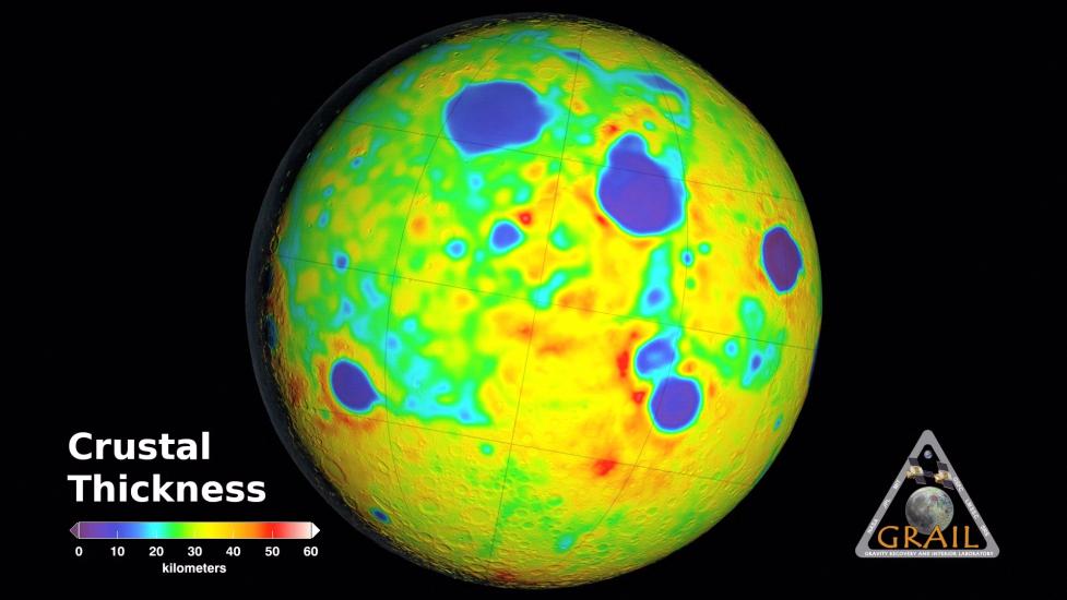 A map of the moon showing the thickness of its crust is various places. Most of the surface ranges from 25-40 kilometers with several patches that are between 0-20 kilometers thick.