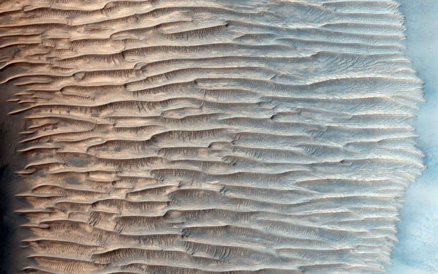 An image of all the linear ridges in a valley on Mars.