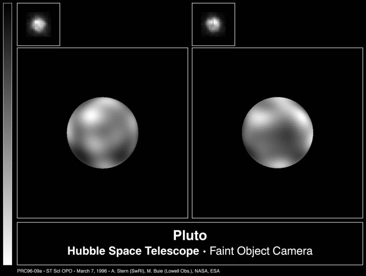 Two views of Pluto, which are grainy and fuzzy.