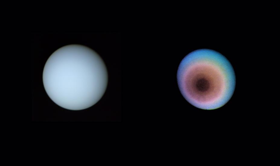 Two pictures of Uranus. The one on the left is solid blue and the one of the right has a gradient of colors from blue and moving into red by the center of the planet.