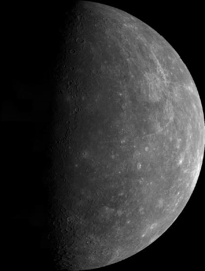 An image of a three-fourths view of Mercury. 