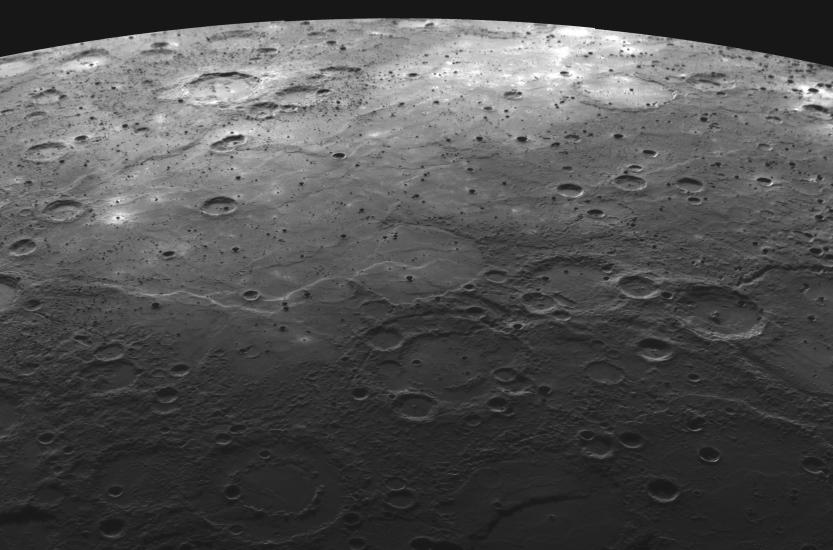 An image of the many lava flooded craters on Mercury's surface.