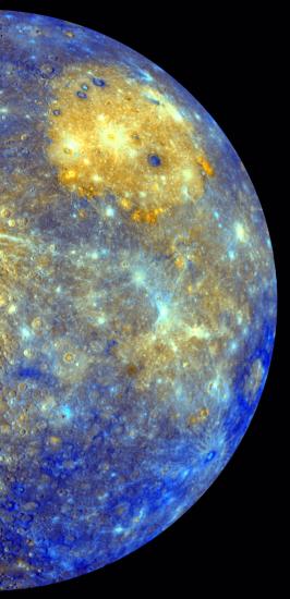 An image showing a half circle view of Mercury's surface in purples and yellows. 