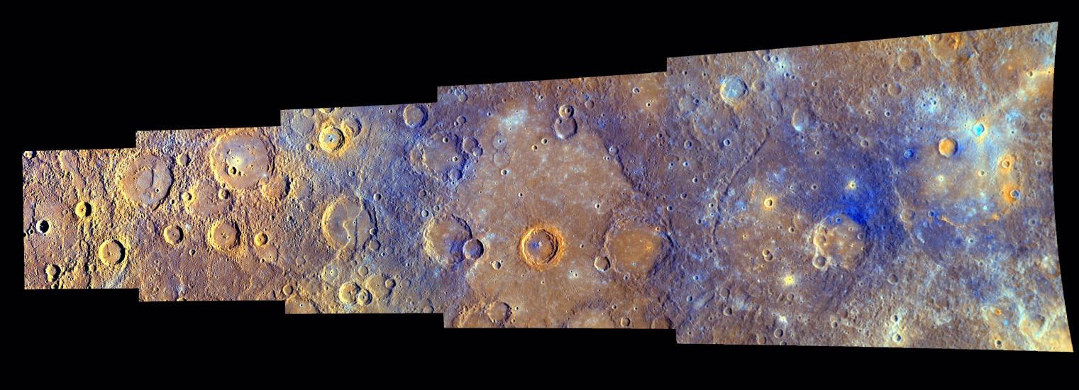 Five rectangular images of the surface of Mercury next to each other, each showing the surface with different hues of purple, orange, yellow, and brown.