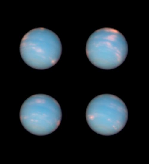 Four images of Neptune each with slightly different cloud patterns.